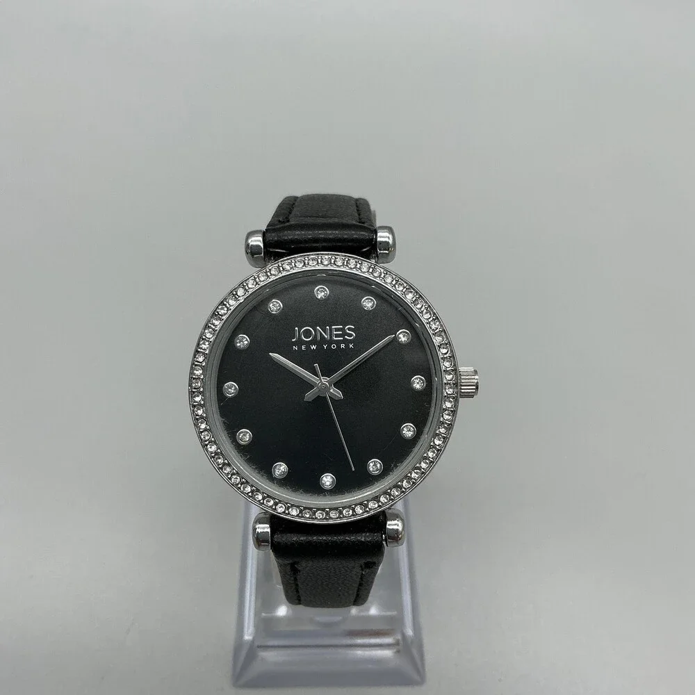 Jones New York 14986 Womens Watch 34mm Black Dial Leather Silver Tone New Batt